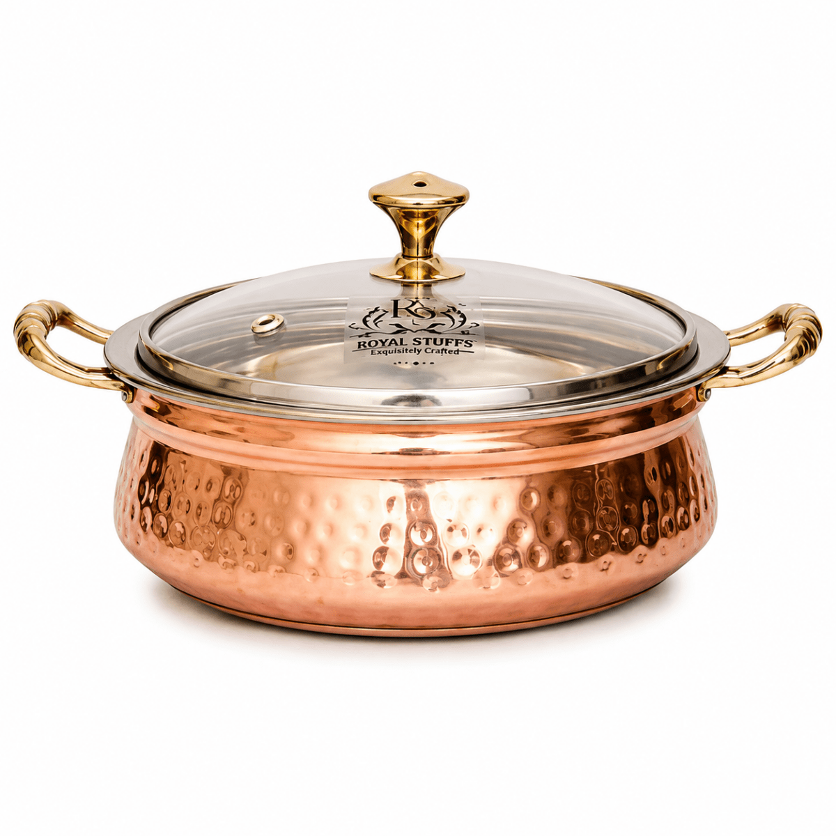 Copper Hammered Design Handi with Glass Lid, 400 ML - Royalstuffs.com