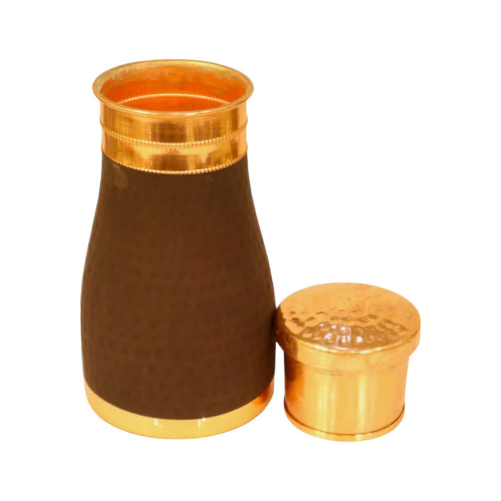Copper Hammered Silk Finish Bedside Carafe Bottle with Inbuilt Glass (1 Liter Capacity) - Royalstuffs.com