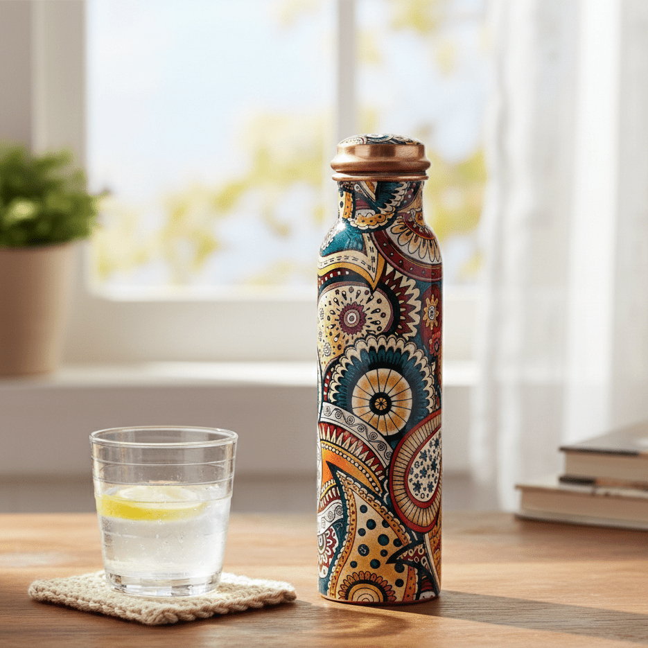 1000 ml Colorful Paisley Copper Water Bottle for Healthy Drinking, Ayurveda, Daily Hydration and Home Use