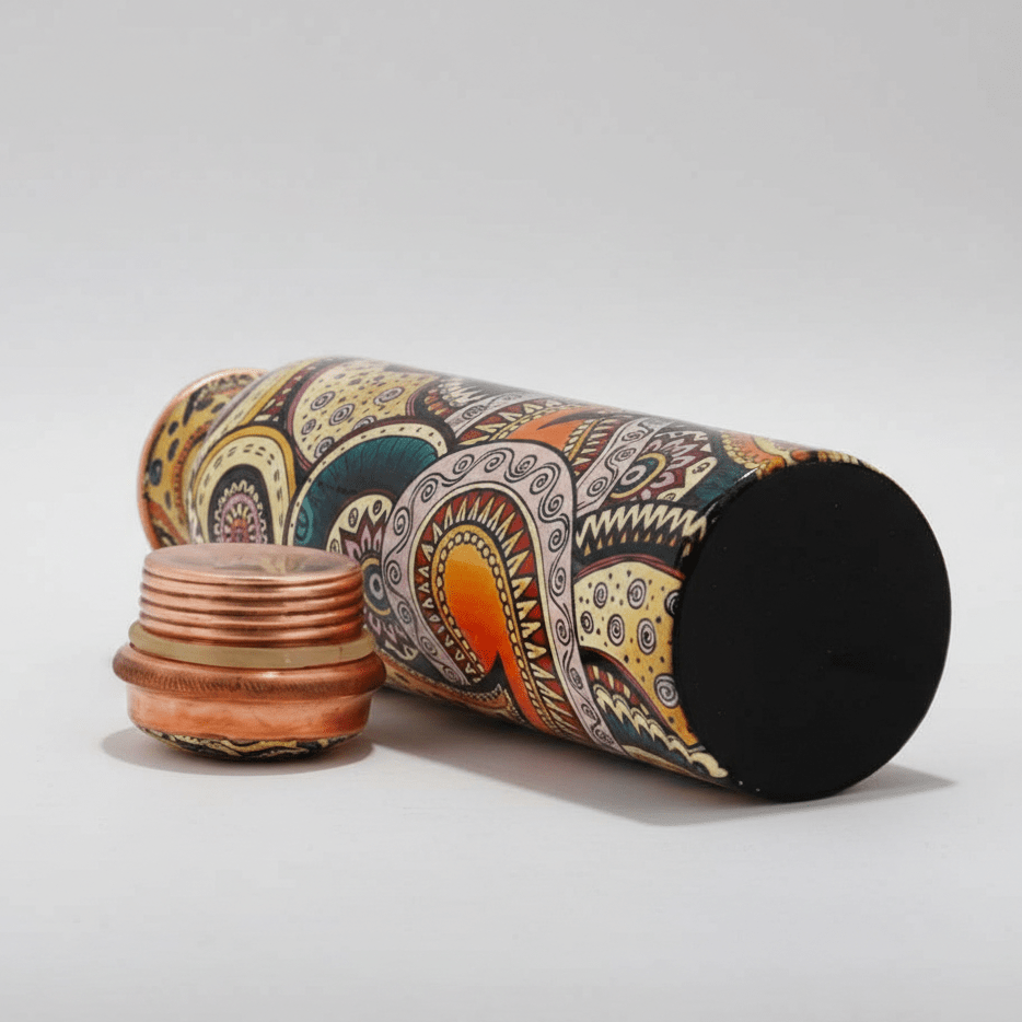Top View of 1000 ml Colorful Paisley Copper Water Bottle with Leak Proof Cap and Hammered Finish