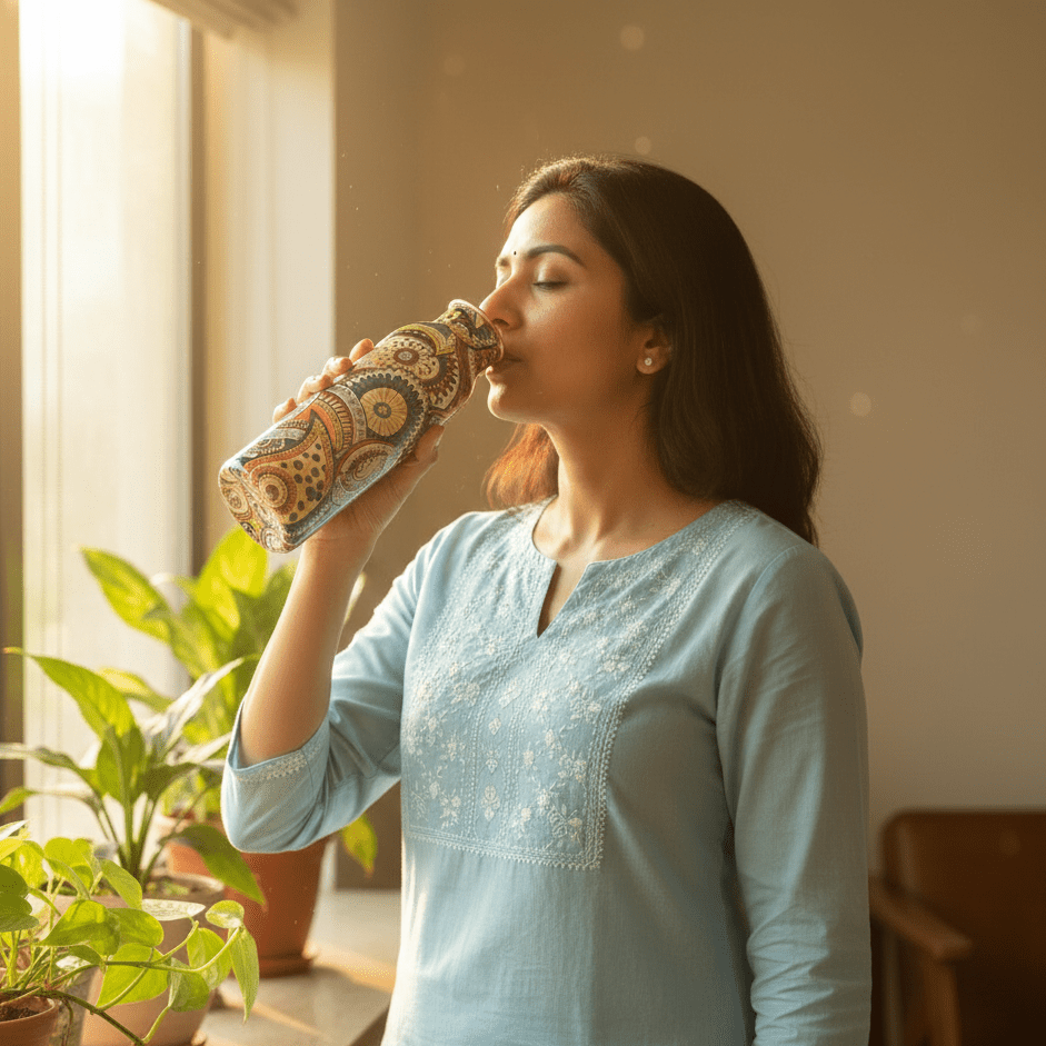 Woman Drinking from 1000 ml Colorful Paisley Copper Water Bottle for Healthy Hydration and Wellness