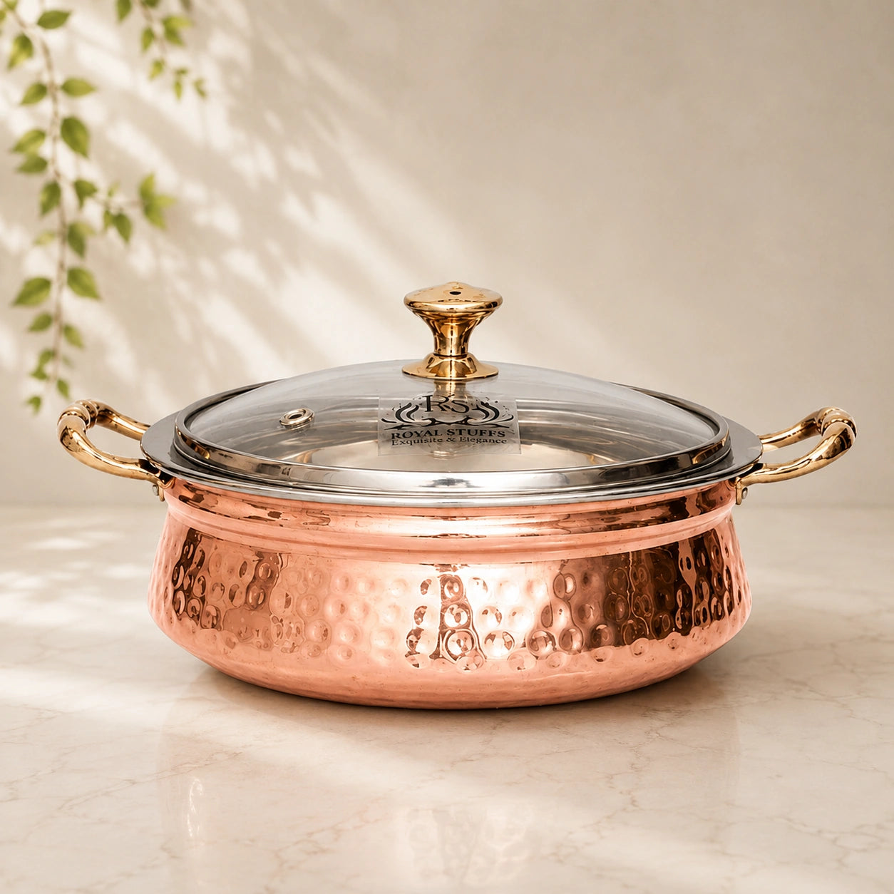 780 ML Steel Copper Hammered Design Handi/Bowl/Casserole with Toughened Glass Lid