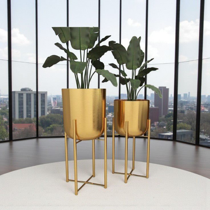 CosmoLiving Decorative Gold Metal Glam Planter Set of 2 with Modern Stand - Royalstuffs.com