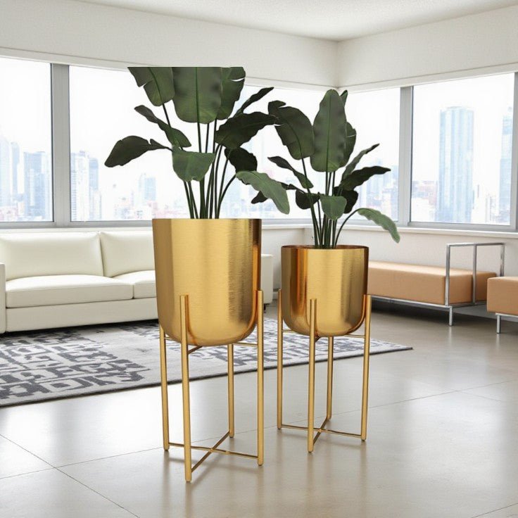 CosmoLiving Decorative Gold Metal Glam Planter Set of 2 with Modern Stand - Royalstuffs.com