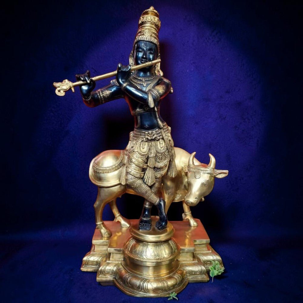 Front View of Large Brass Cow Krishna Statue with Cow 25 Inch Brass Idol
