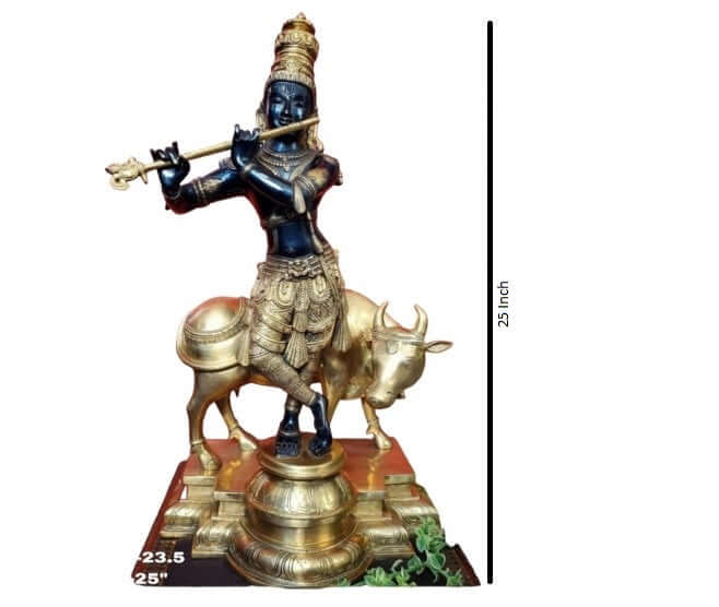 Side View of Large Brass Cow Krishna Statue 25 Inch Standing Krishna Idol