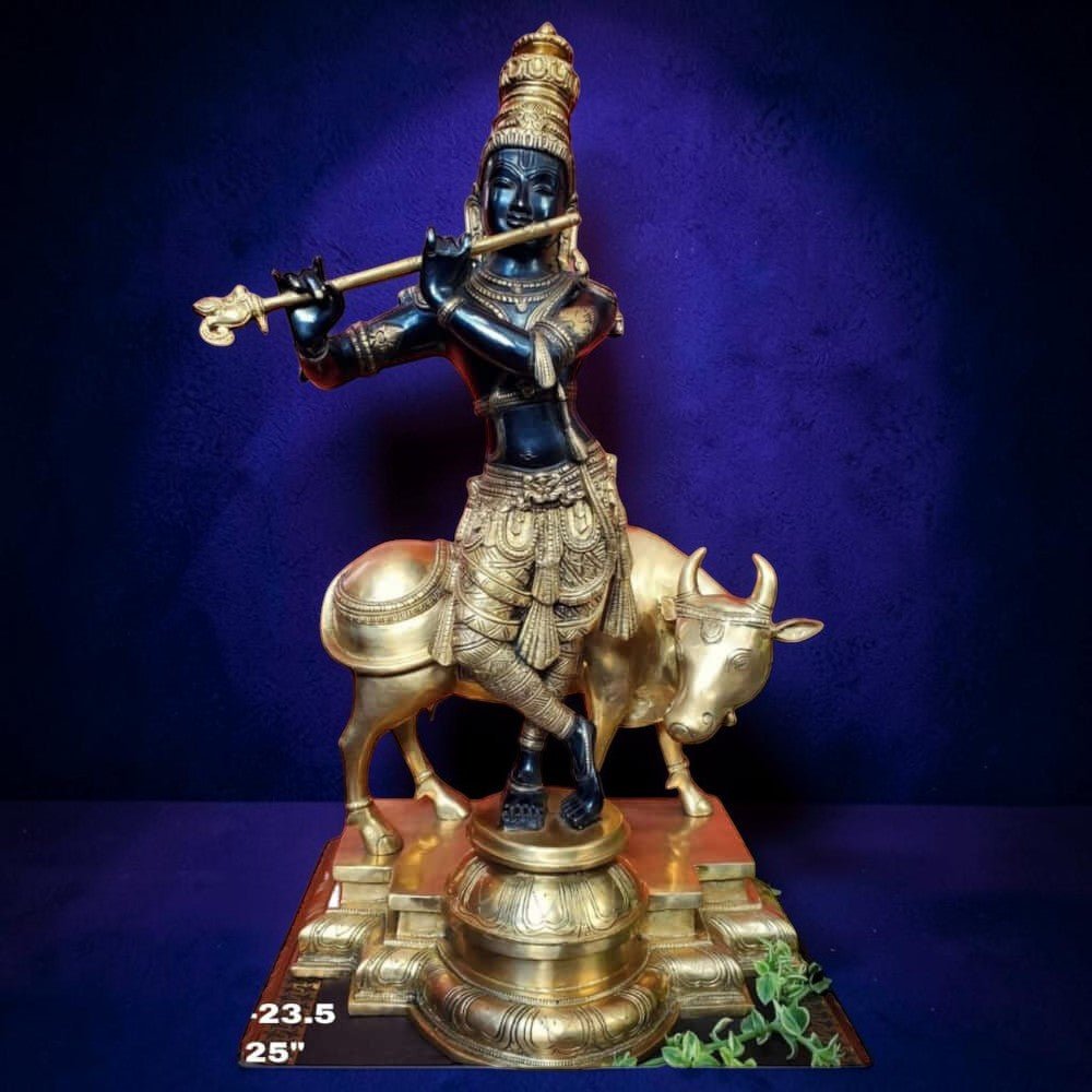 Large Brass Cow Krishna Statue 25 Inch Standing Krishna Idol 23.5 Kg