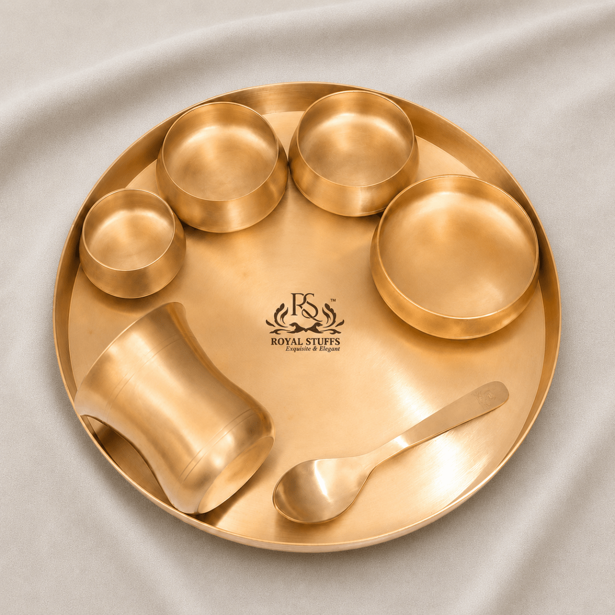 Curved Matt Finish Thali Set - 7-Piece Set for Exquisite Dining Experience - Royalstuffs.com