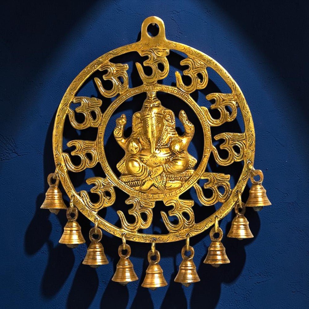Decorative Pure Brass Om Ganesha Wall Hanging with Bells - Royalstuffs.com