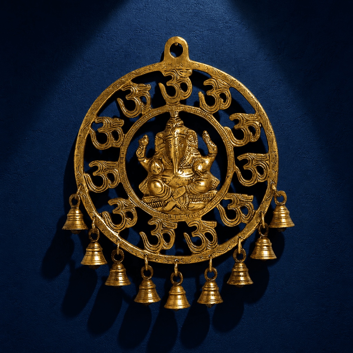 Decorative Pure Brass Om Ganesha Wall Hanging with Bells - Royalstuffs.com