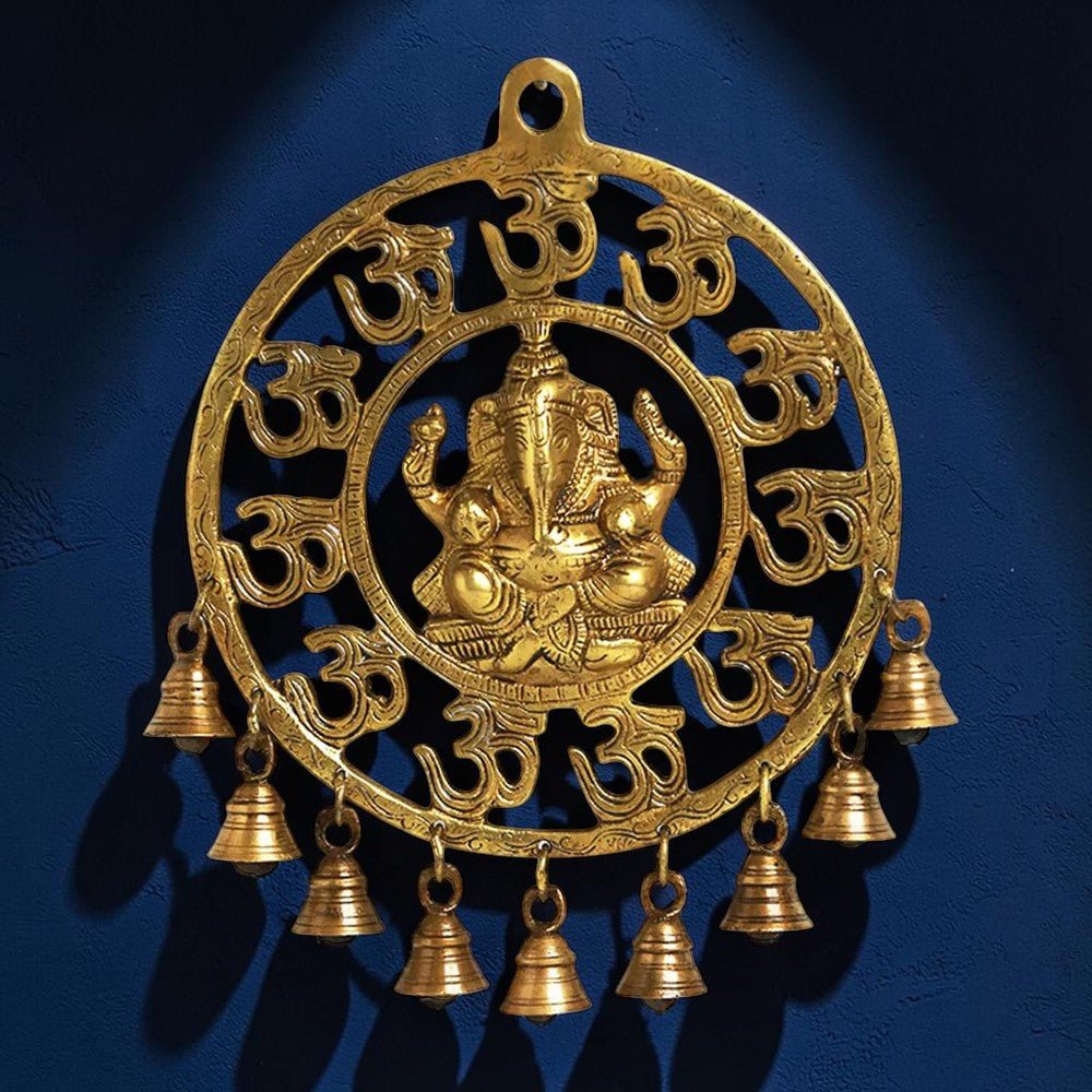 Decorative Pure Brass Om Ganesha Wall Hanging with Bells - Royalstuffs.com
