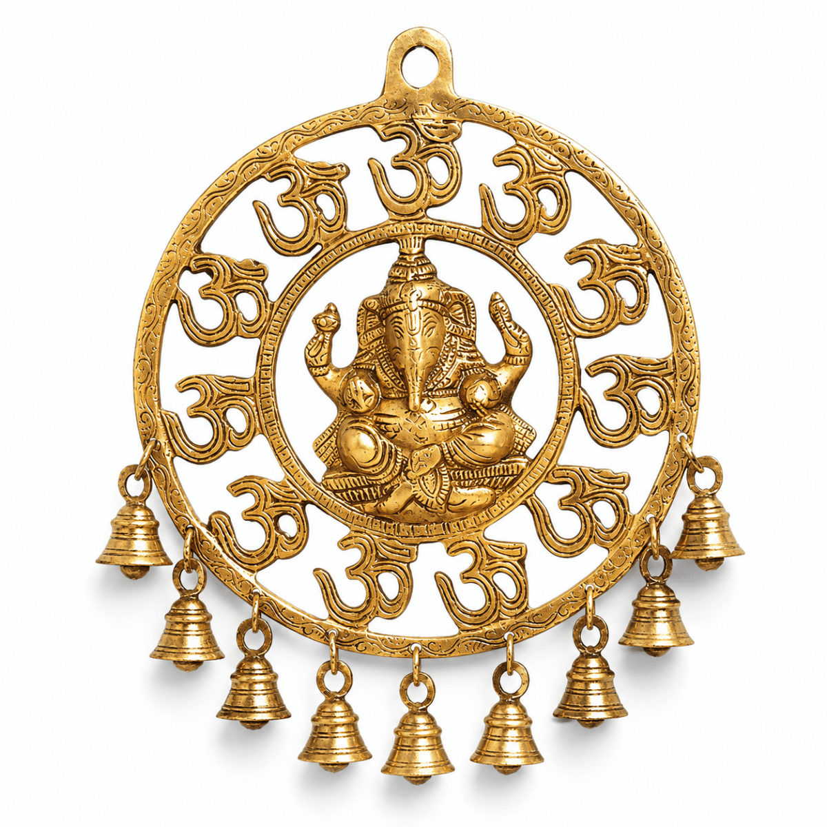 Decorative Pure Brass Om Ganesha Wall Hanging with Bells - Royalstuffs.com