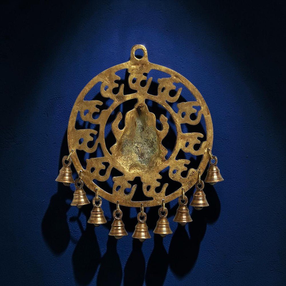 Decorative Pure Brass Om Ganesha Wall Hanging with Bells - Royalstuffs.com