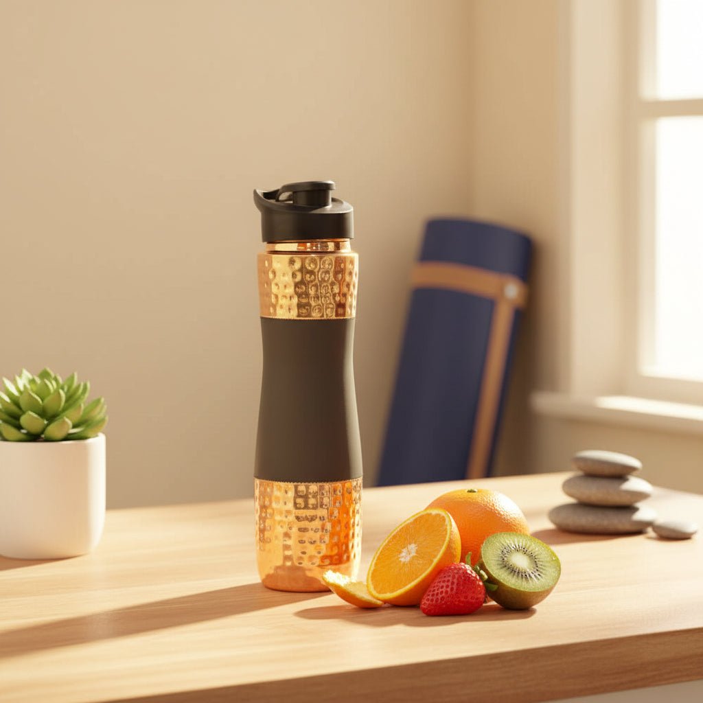 Designer Copper Hammered Sipper Bottle with Grey Silicone Grip - 1 Liter - Royalstuffs.com
