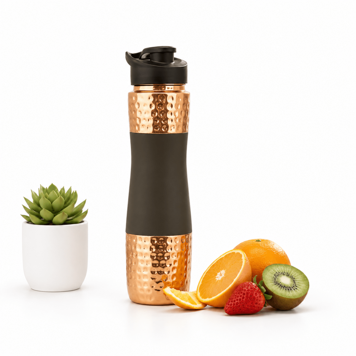 Designer Copper Hammered Sipper Bottle with Grey Silicone Grip - 1 Liter - Royalstuffs.com