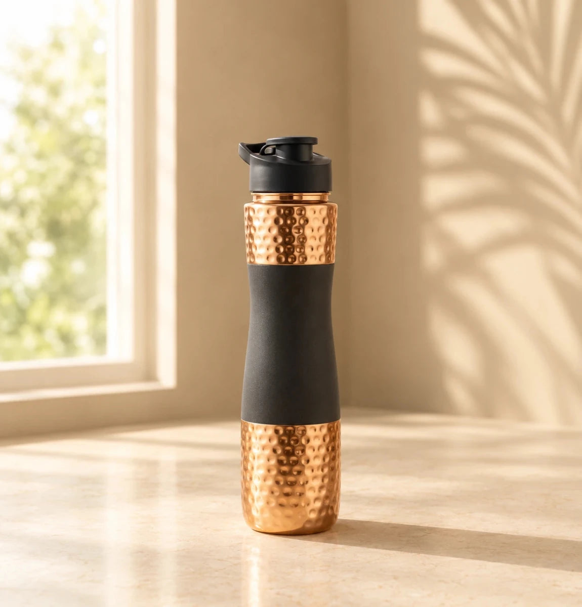 Designer Copper Hammered Sipper Bottle with Grey Silicone Grip - 1 Liter - Royalstuffs.com