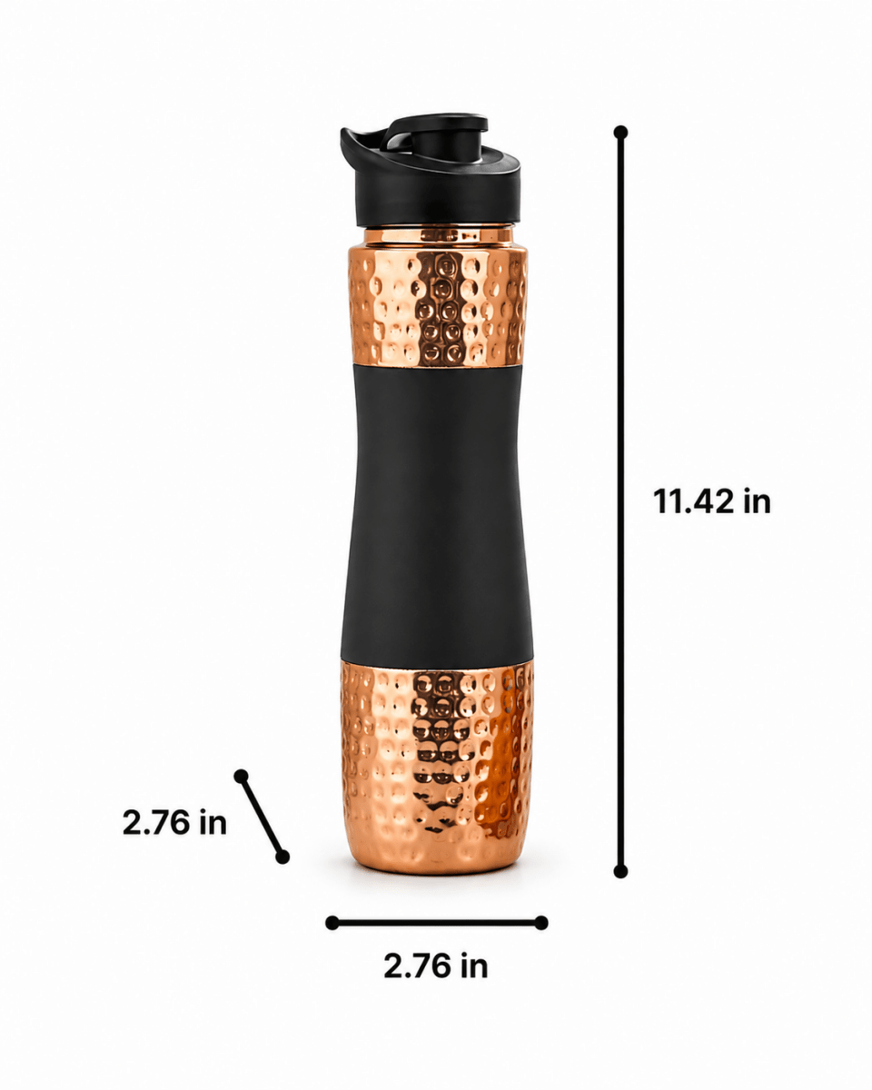 Designer Copper Hammered Sipper Bottle with Grey Silicone Grip - 1 Liter - Royalstuffs.com