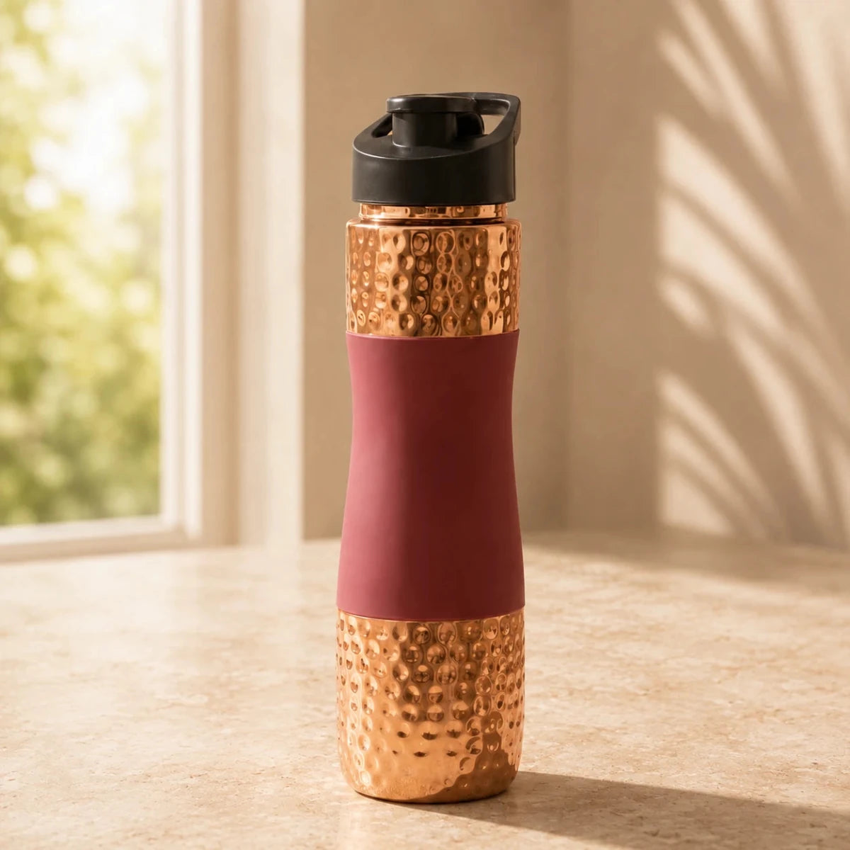 Designer Copper Hammered Sipper Bottle with Red Silicone Grip - 1 Liter - Royalstuffs.com