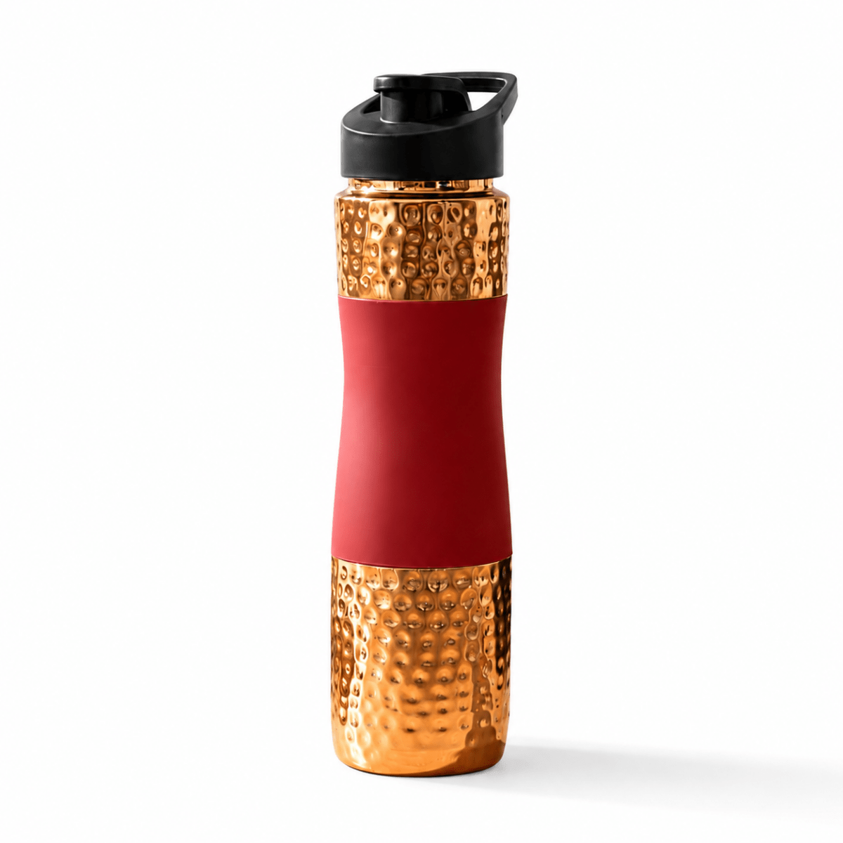 Designer Copper Hammered Sipper Bottle with Red Silicone Grip - 1 Liter - Royalstuffs.com