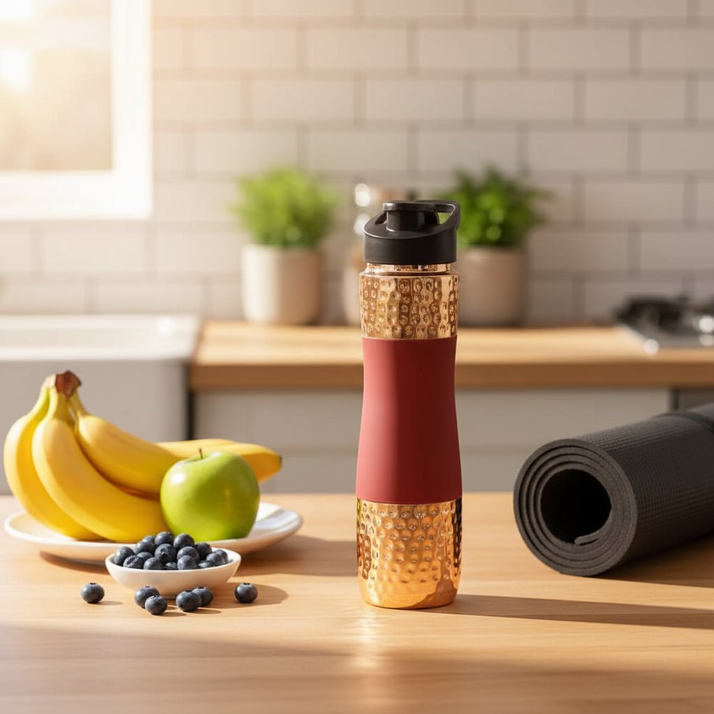 Designer Copper Hammered Sipper Bottle with Red Silicone Grip - 1 Liter - Royalstuffs.com