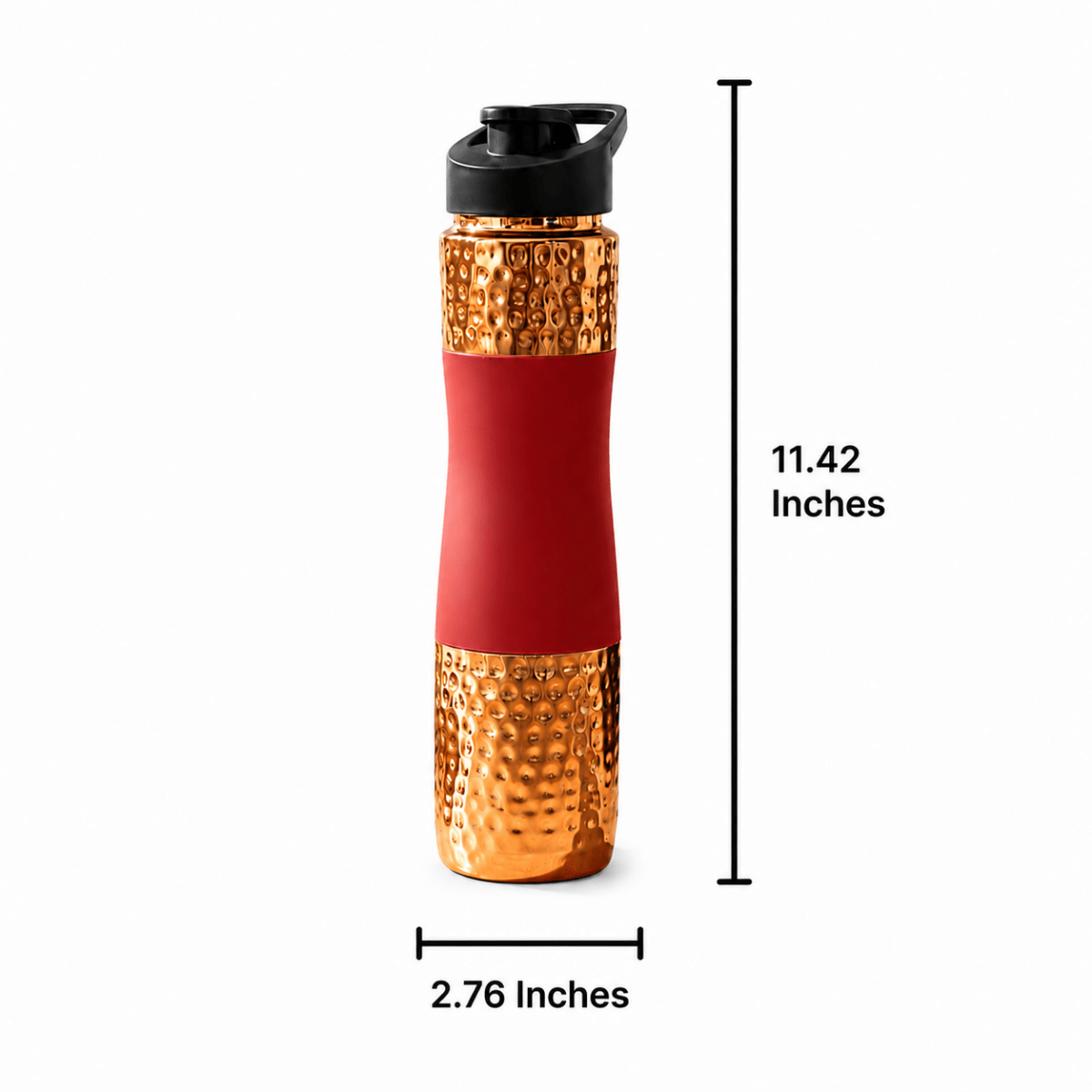 Designer Copper Hammered Sipper Bottle with Red Silicone Grip - 1 Liter - Royalstuffs.com