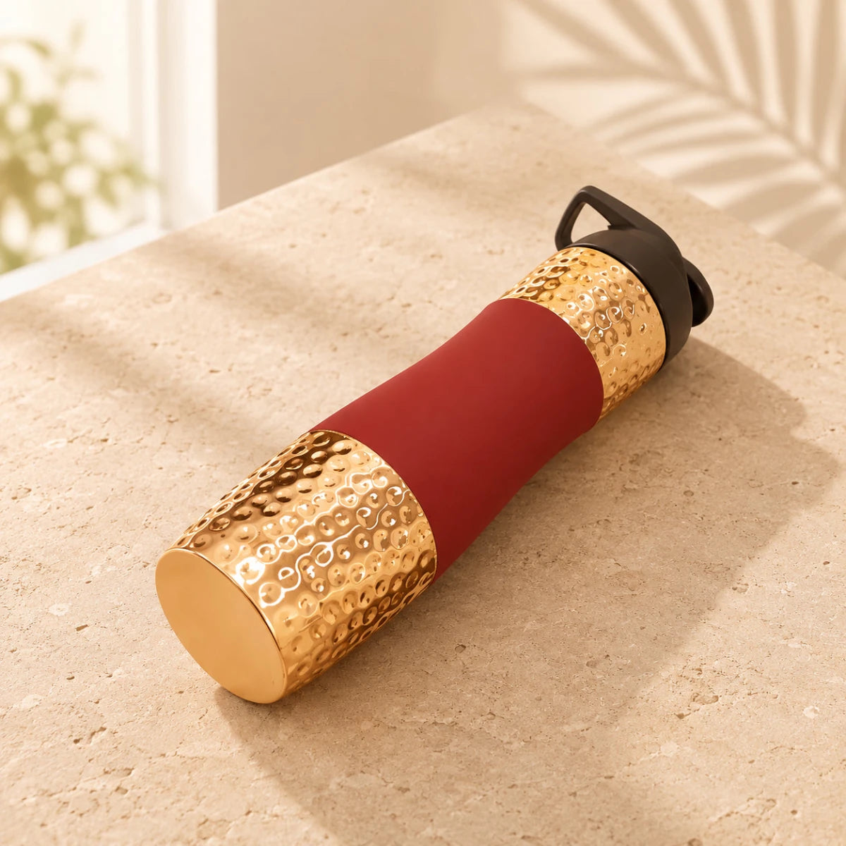 Designer Copper Hammered Sipper Bottle with Red Silicone Grip - 1 Liter - Royalstuffs.com