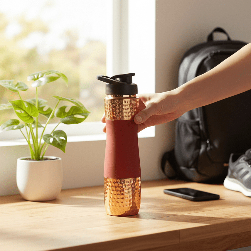 Designer Copper Hammered Sipper Bottle with Red Silicone Grip - 1 Liter - Royalstuffs.com