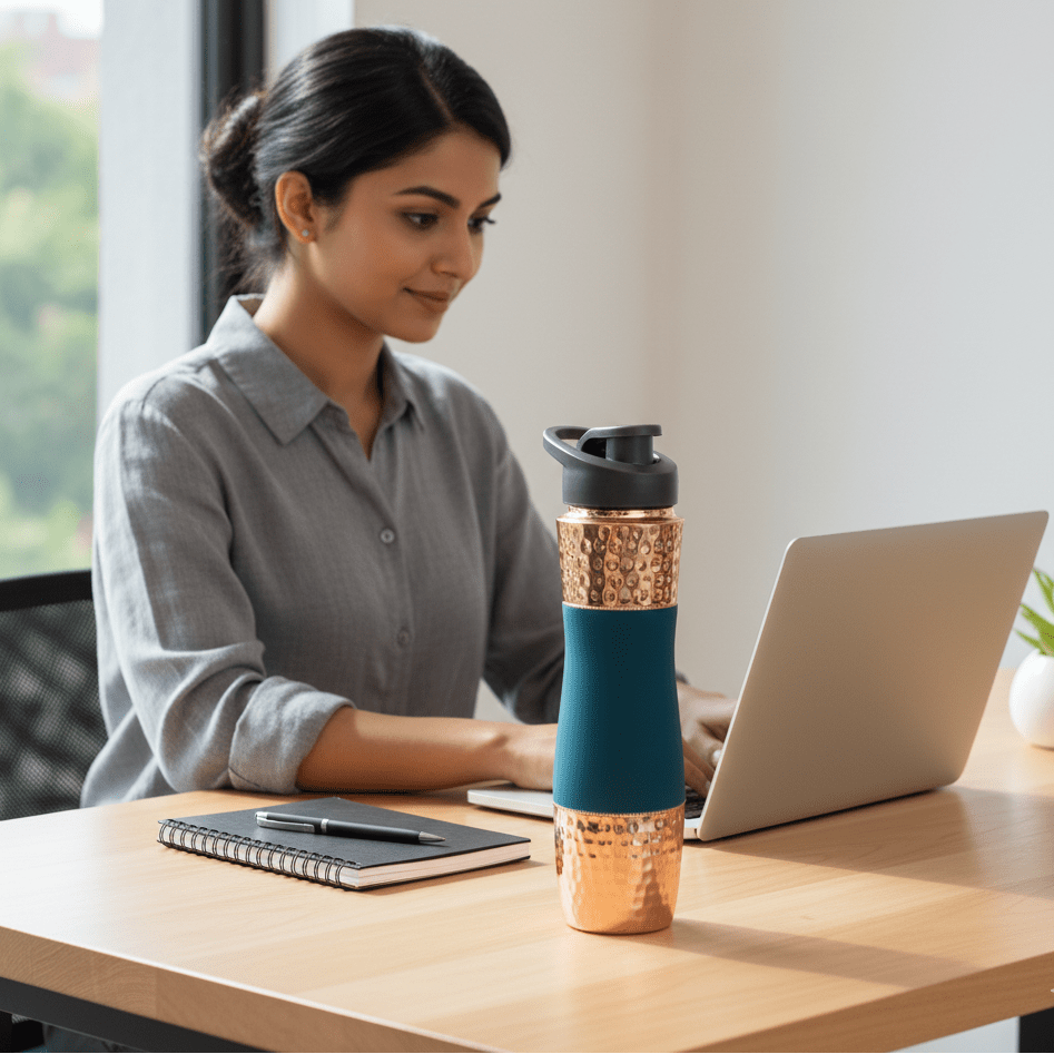 Designer Copper Hammered Sipper Bottle with Silicone Grip - 1 Liter - Royalstuffs.com