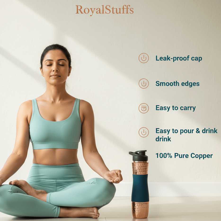 Designer Copper Hammered Sipper Bottle with Silicone Grip - 1 Liter - Royalstuffs.com