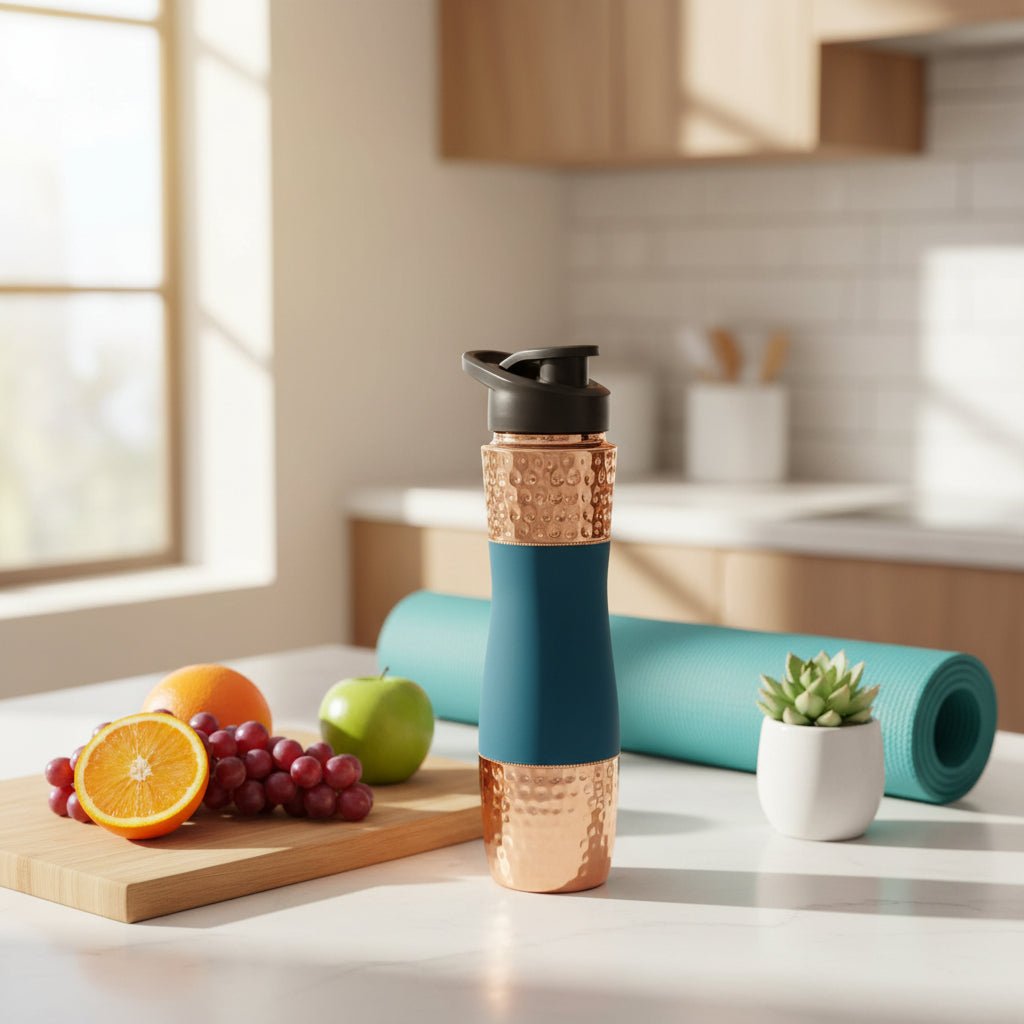 Designer Copper Hammered Sipper Bottle with Silicone Grip - 1 Liter - Royalstuffs.com