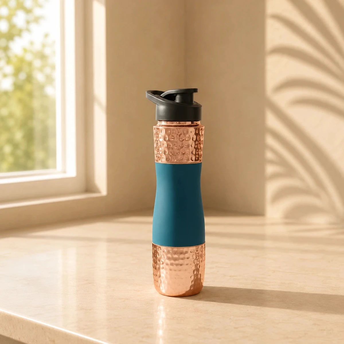 Designer Copper Hammered Sipper Bottle with Silicone Grip - 1 Liter - Royalstuffs.com