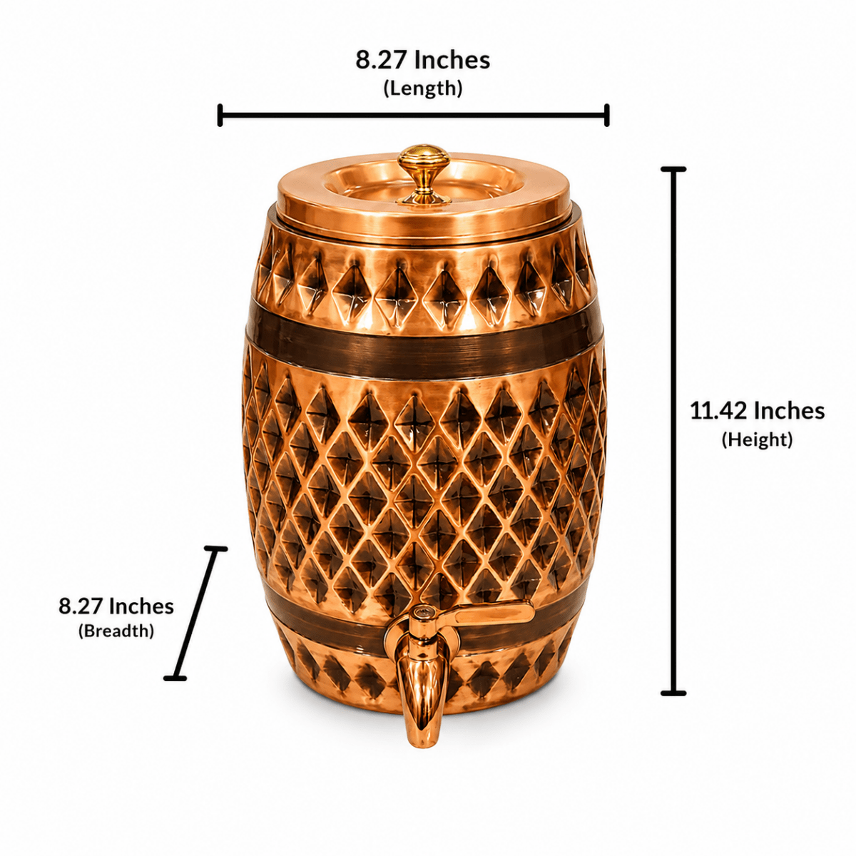 Dholak-Shaped Diamond Pattern Antique Copper Water Dispenser - Royalstuffs.com