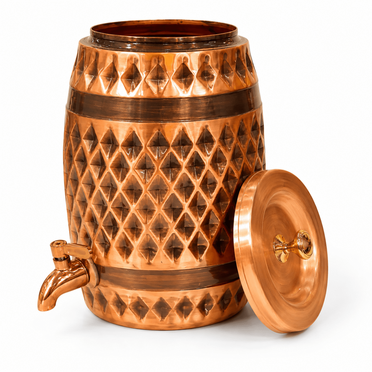 Dholak-Shaped Diamond Pattern Antique Copper Water Dispenser - Royalstuffs.com