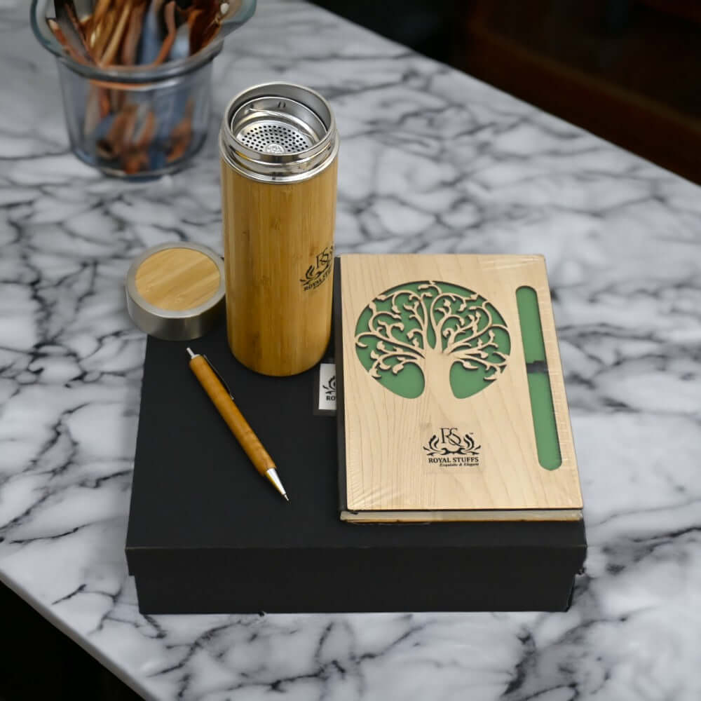 Eco-Chic Gift Box - Bamboo like notebook, pen & Bamboo bottle Gift Pack - Royalstuffs.com
