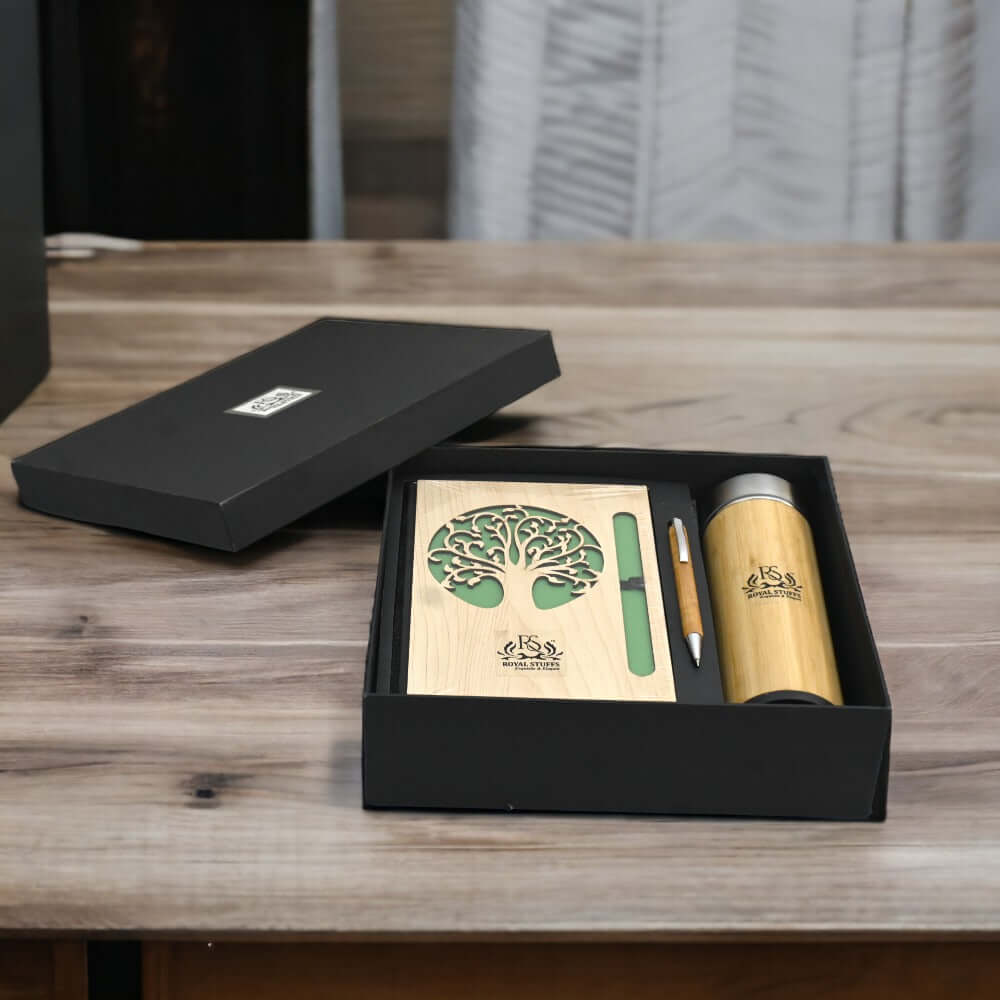 Eco-Chic Gift Box - Bamboo like notebook, pen & Bamboo bottle Gift Pack - Royalstuffs.com