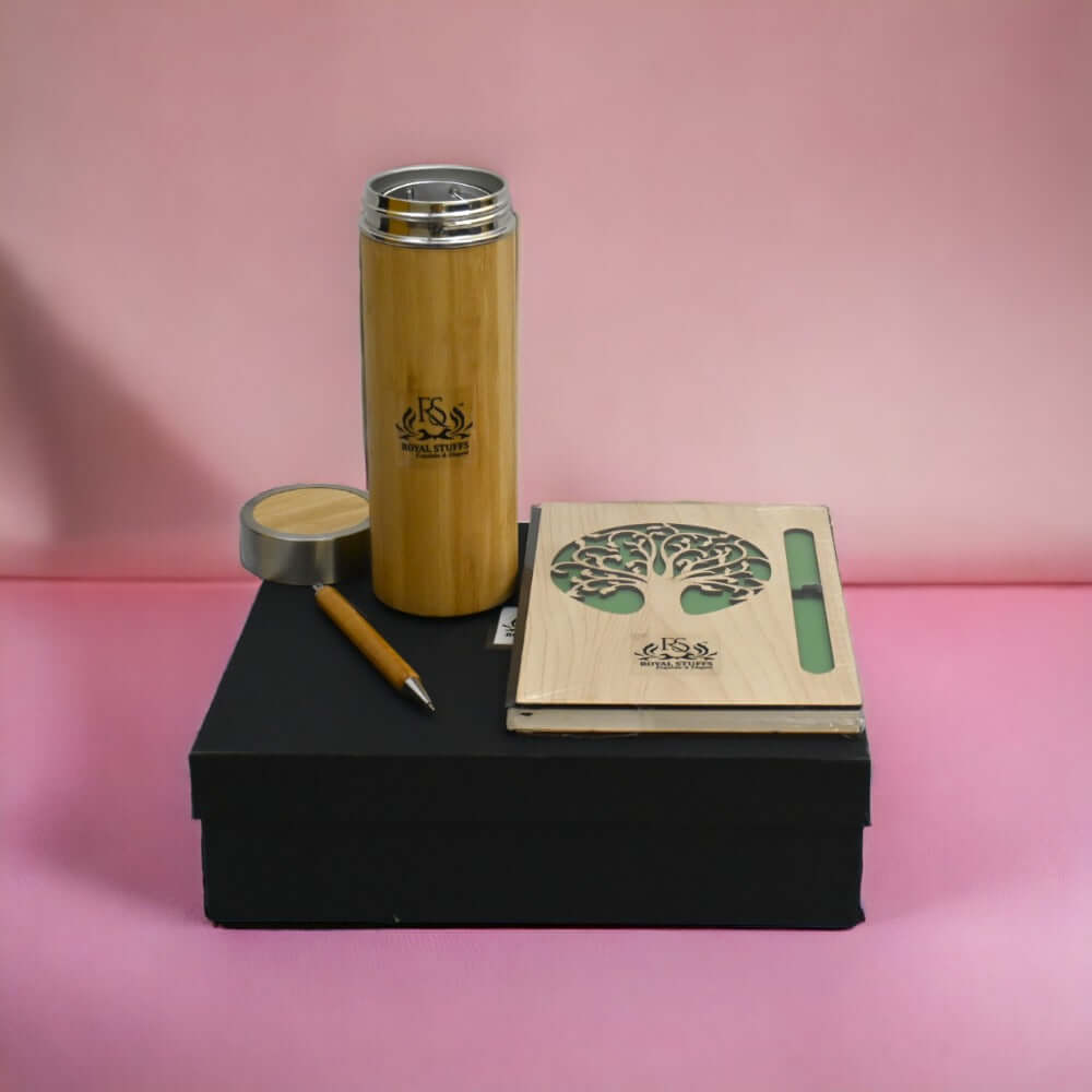 Eco-Chic Gift Box - Bamboo like notebook, pen & Bamboo bottle Gift Pack - Royalstuffs.com