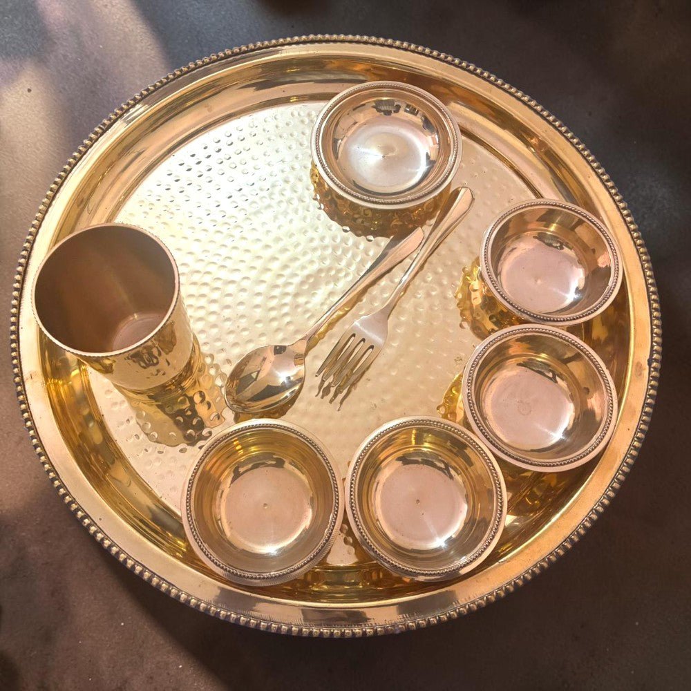 Extra Large Brass Thali Set 15.5 Inch (2.2 Kg) – Grand Maharaja Dining Set with 6 Bowls & Glass - Royalstuffs.com