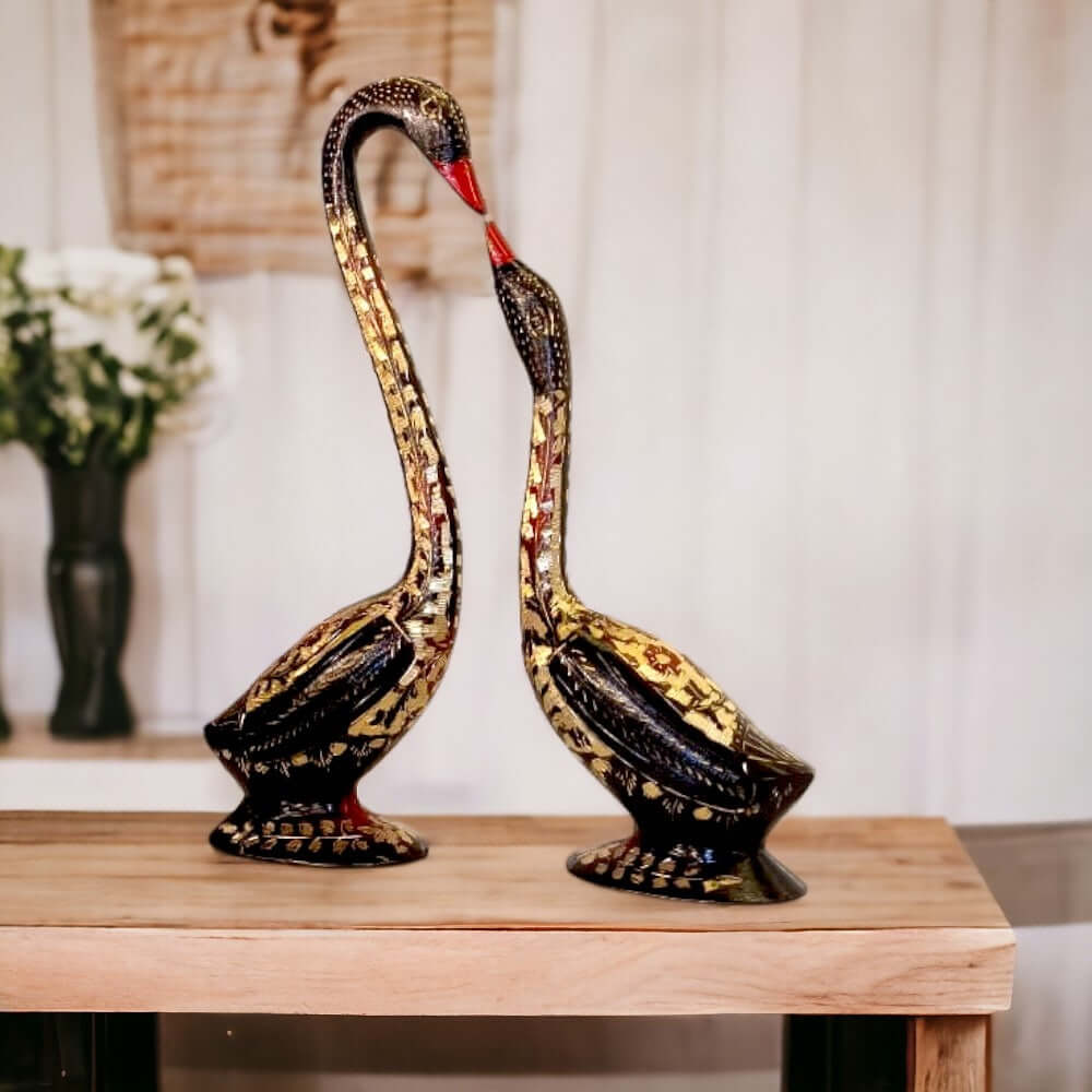 Fine Engraved Black Handmade Brass Swan Pair Sculpture - Royalstuffs.com