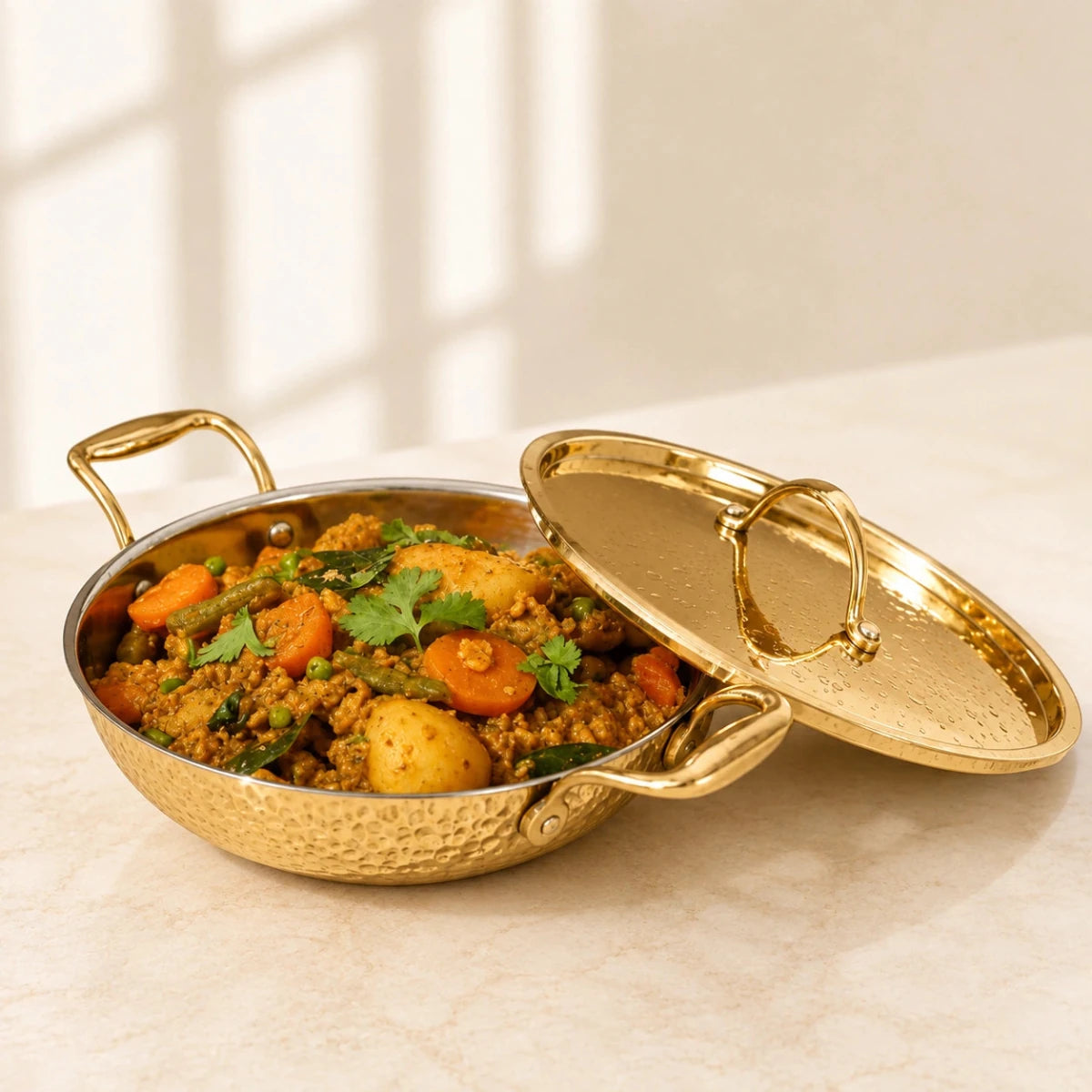 Flat Base Brass Kadhai with Lid & Tin (Kalai) Coating – Traditional Heavy Brass Cookware | RoyalStuffs - Royalstuffs.com