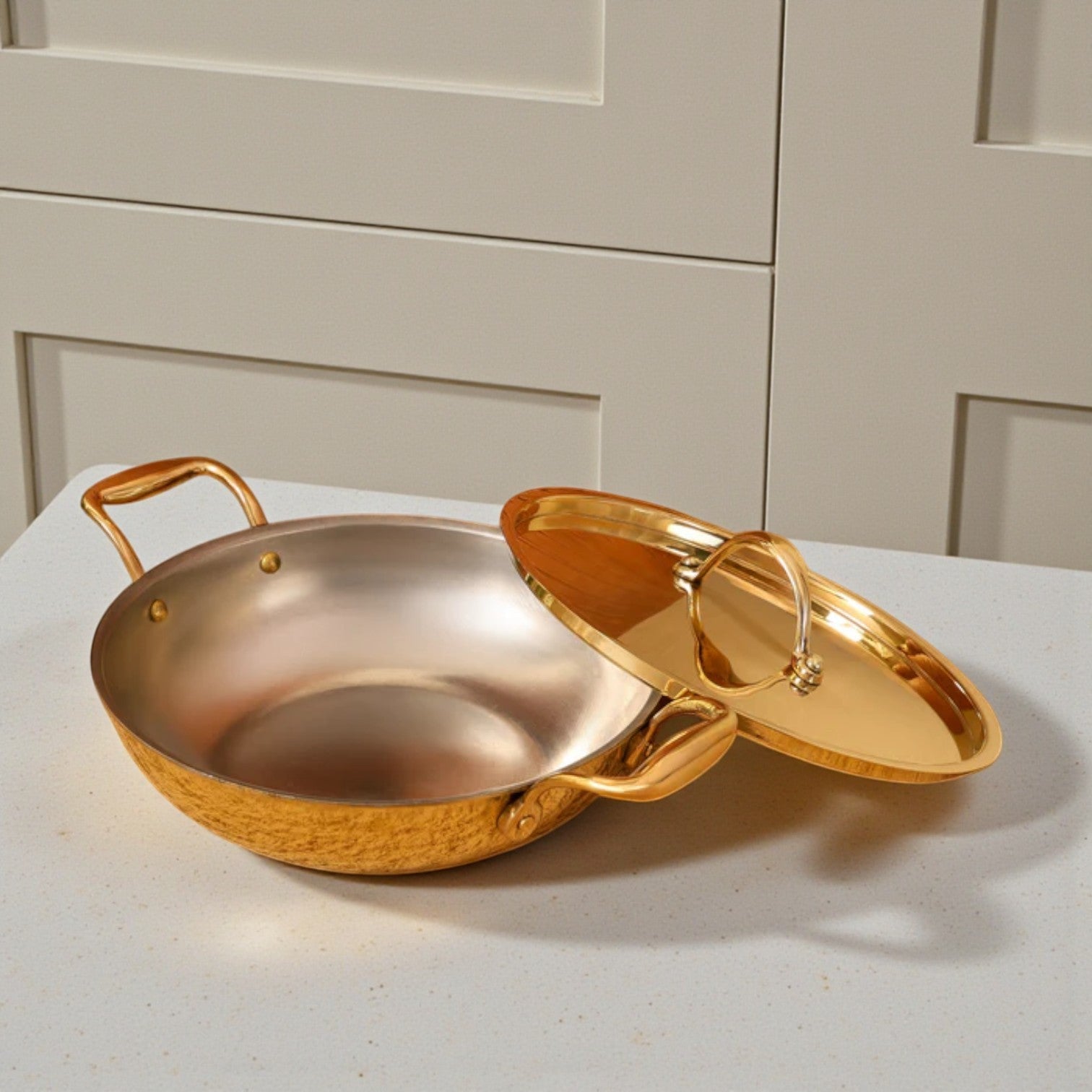 Flat Base Brass Kadhai with Lid & Tin (Kalai) Coating – Traditional Heavy Brass Cookware | RoyalStuffs - Royalstuffs.com