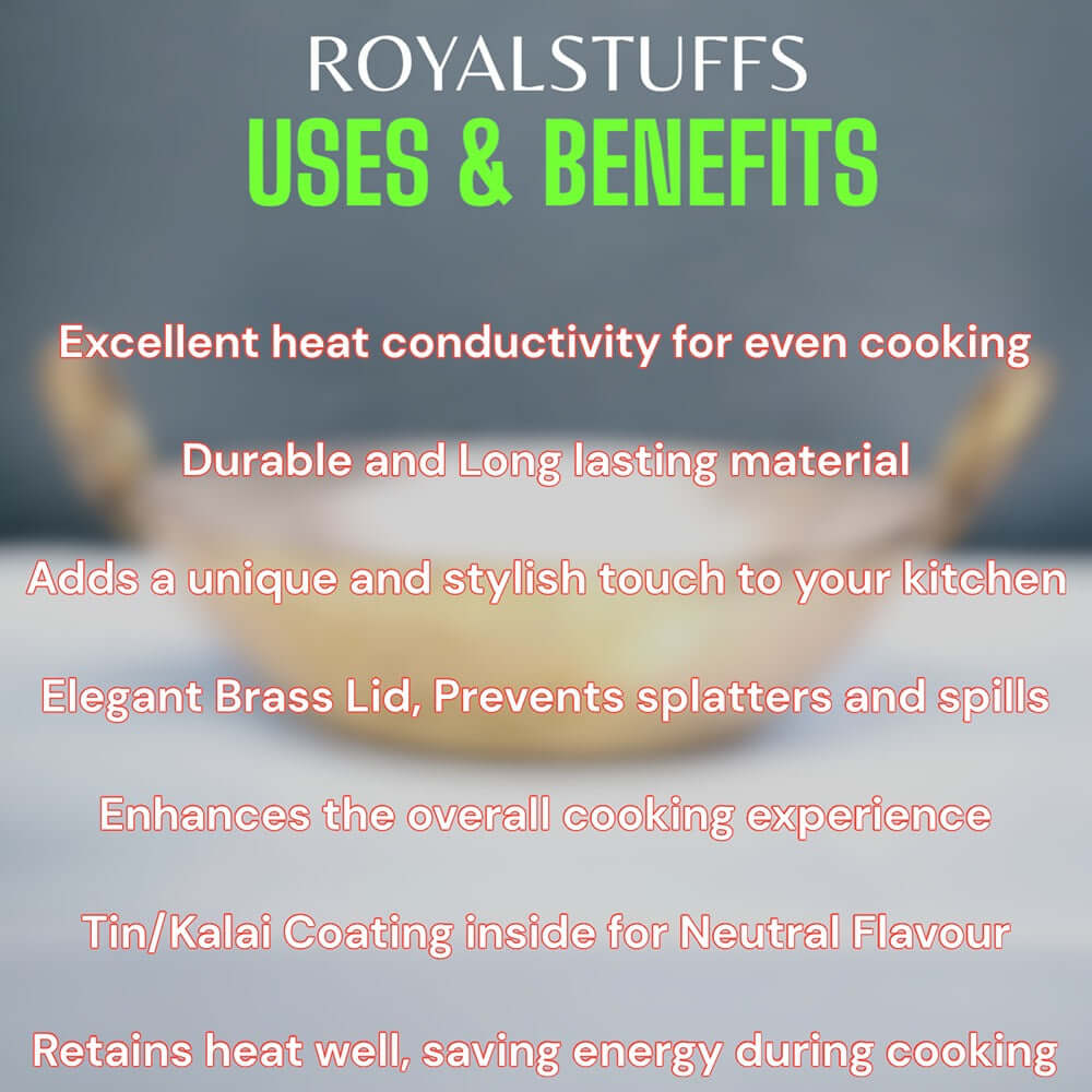 Handmade Brass Kadhai with Tin Coating & Lid | Heavy Bottom Traditional Cookware - Royalstuffs.com
