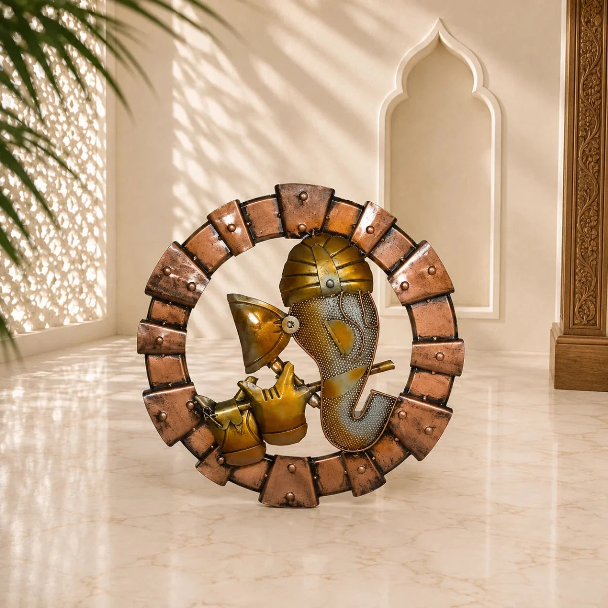 Ganesha | LED-Light Iron Wall Hanging with Flute | Spiritual iron Ganesha wall art and décor | Multicolor | 19 inch diameter | Material - Iron - Royalstuffs.com