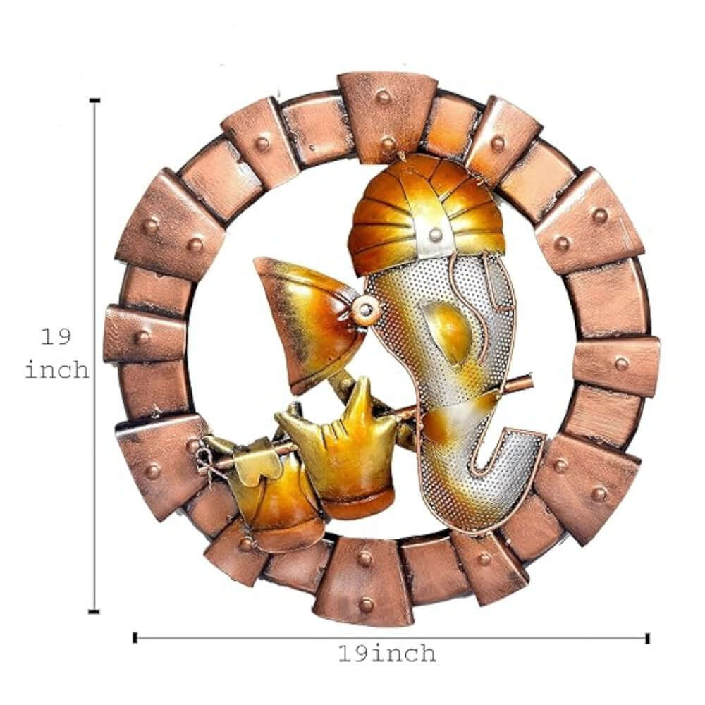 Ganesha | LED-Light Iron Wall Hanging with Flute | Spiritual iron Ganesha wall art and décor | Multicolor | 19 inch diameter | Material - Iron - Royalstuffs.com