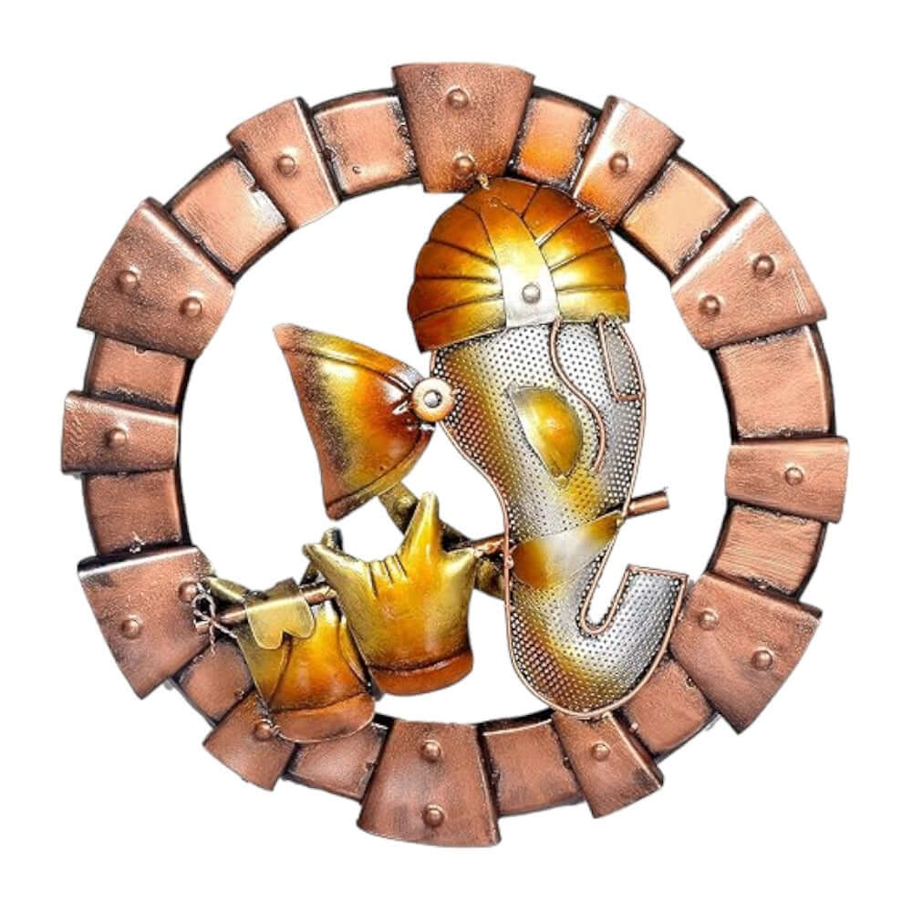 Ganesha | LED-Light Iron Wall Hanging with Flute | Spiritual iron Ganesha wall art and décor | Multicolor | 19 inch diameter | Material - Iron - Royalstuffs.com