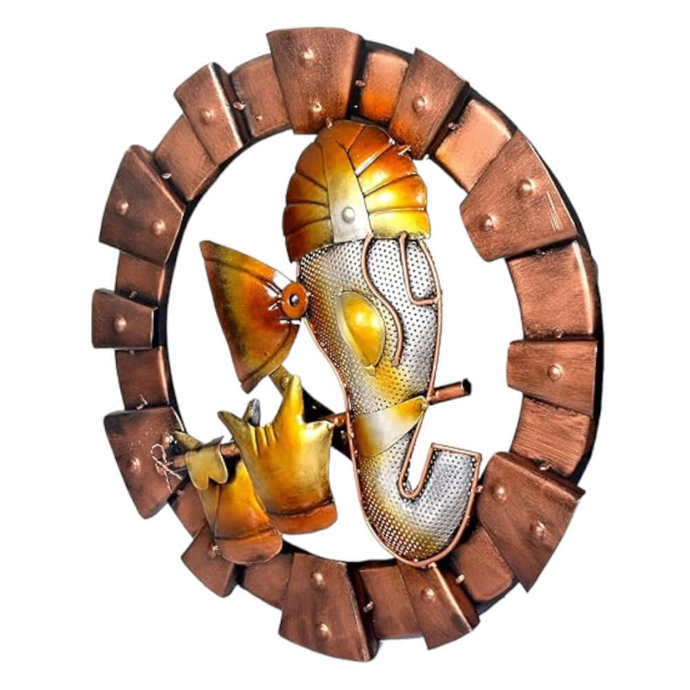 Ganesha | LED-Light Iron Wall Hanging with Flute | Spiritual iron Ganesha wall art and décor | Multicolor | 19 inch diameter | Material - Iron - Royalstuffs.com