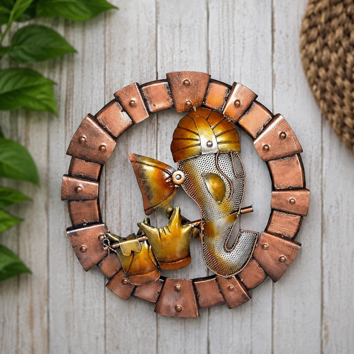 Ganesha | LED-Light Iron Wall Hanging with Flute | Spiritual iron Ganesha wall art and décor | Multicolor | 19 inch diameter | Material - Iron - Royalstuffs.com