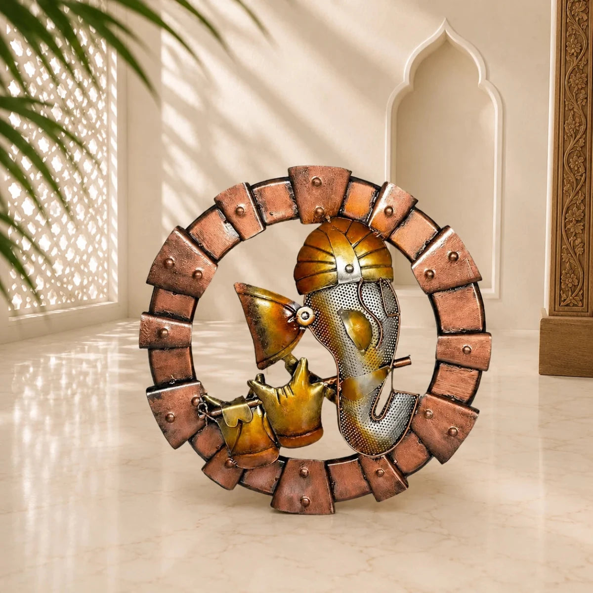 Ganesha | LED-Light Iron Wall Hanging with Flute | Spiritual iron Ganesha wall art and décor | Multicolor | 19 inch diameter | Material - Iron - Royalstuffs.com
