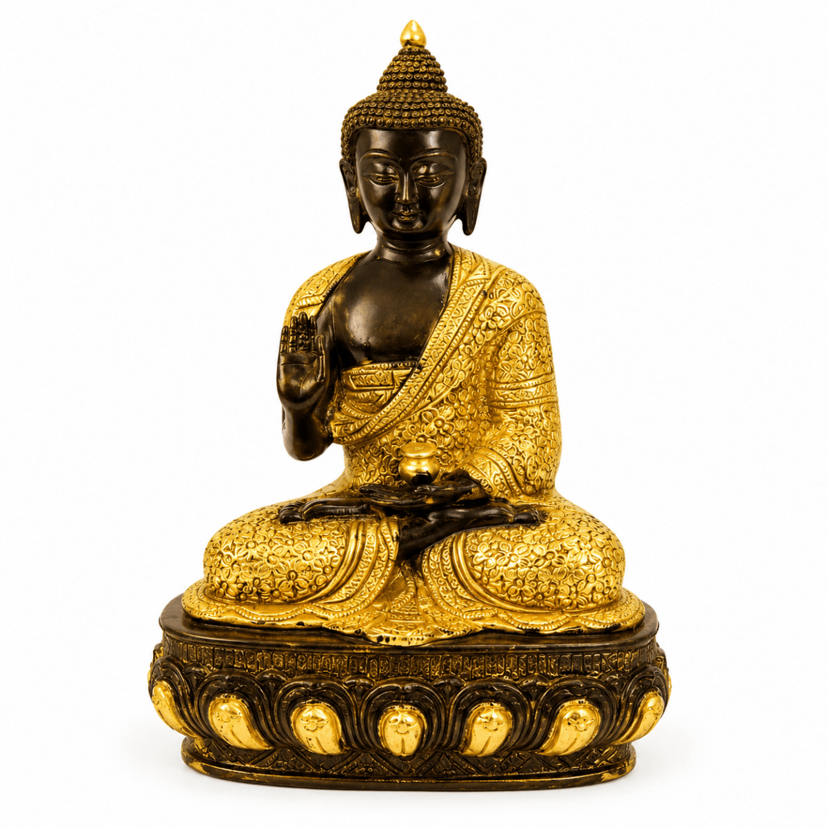 Gold & Black Embossed Brass Meditating Blessing Buddha - 11 Inches - Royalstuffs.com