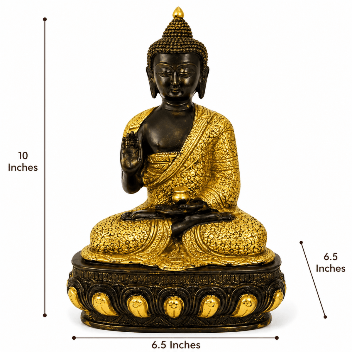 Gold & Black Embossed Brass Meditating Blessing Buddha - 11 Inches - Royalstuffs.com