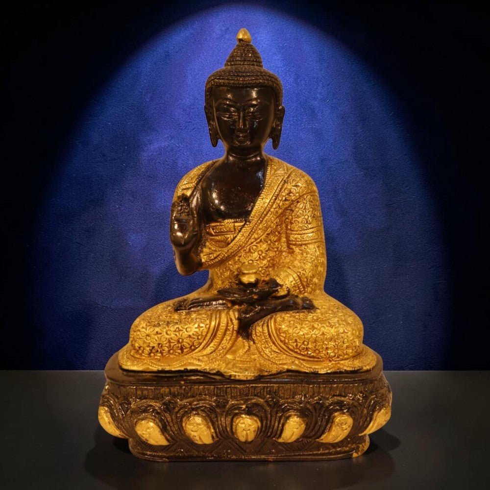 Gold & Black Embossed Brass Meditating Blessing Buddha - 11 Inches - Royalstuffs.com